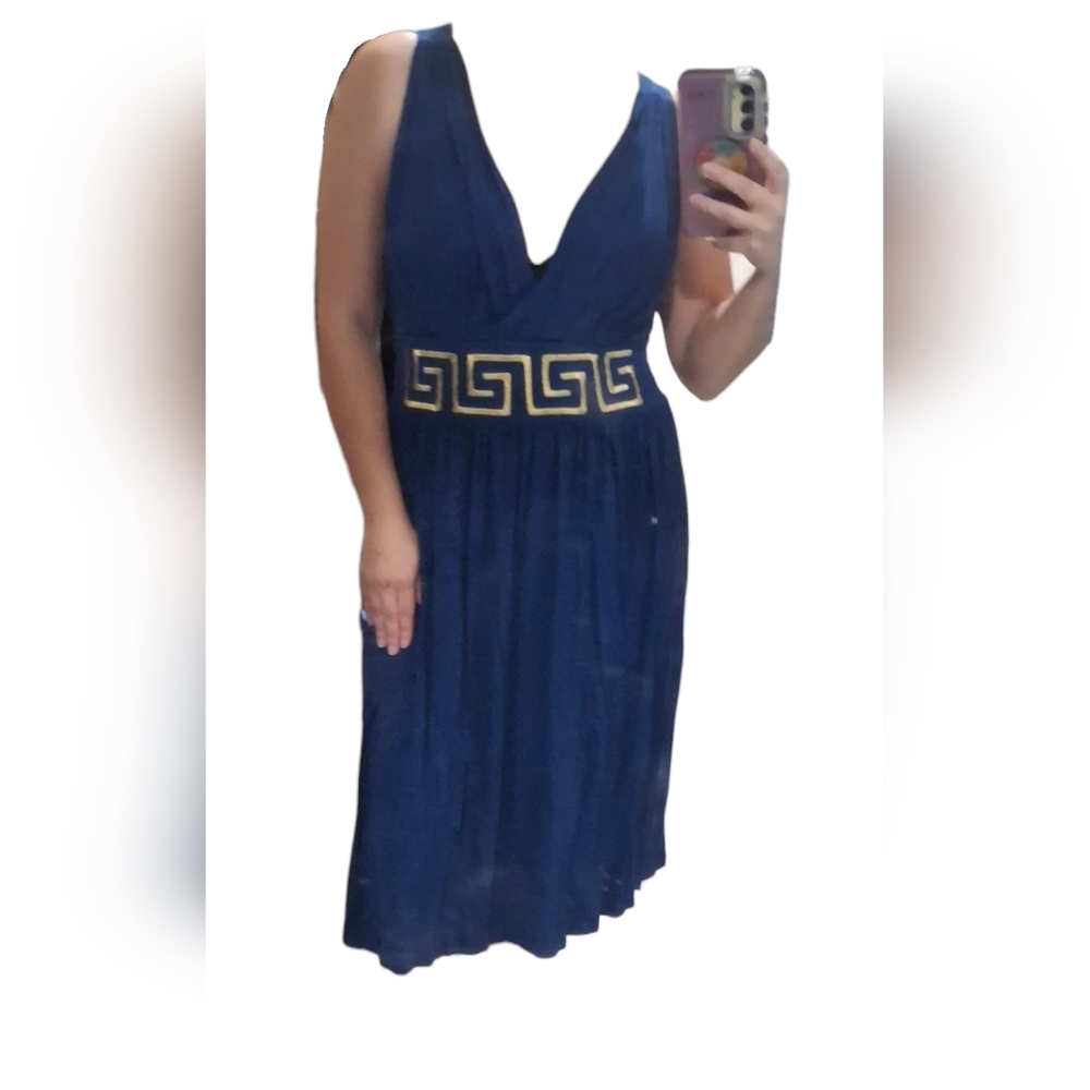 🌺 Chic Deep Blue Midi Dress with Gold Detailing